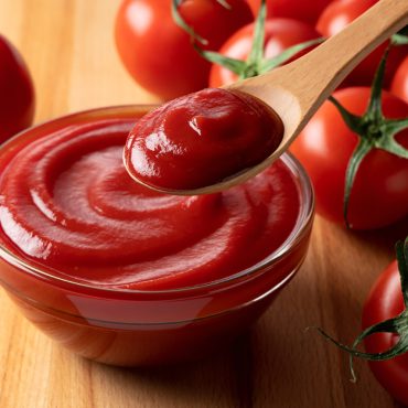 Close up of ketchup and tomatoes placed on a wooden background. Scoop ketchup with a spoon.